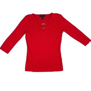 Y2K Cable & Gauge Red Ribbed Knit 3/4 Sleeve Top W/ Embellished Keyhole Detail M